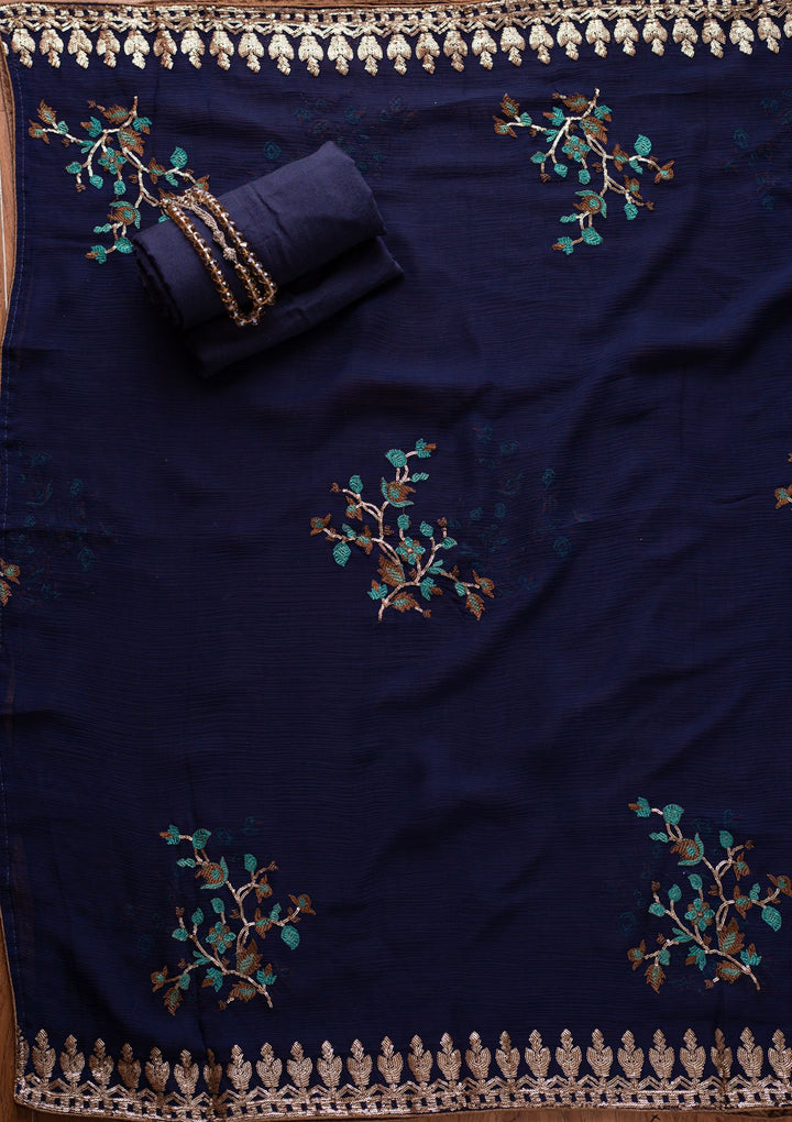 Navy Blue Sequins Semi Crepe Designer Unstitched Salwar Suit - koskii