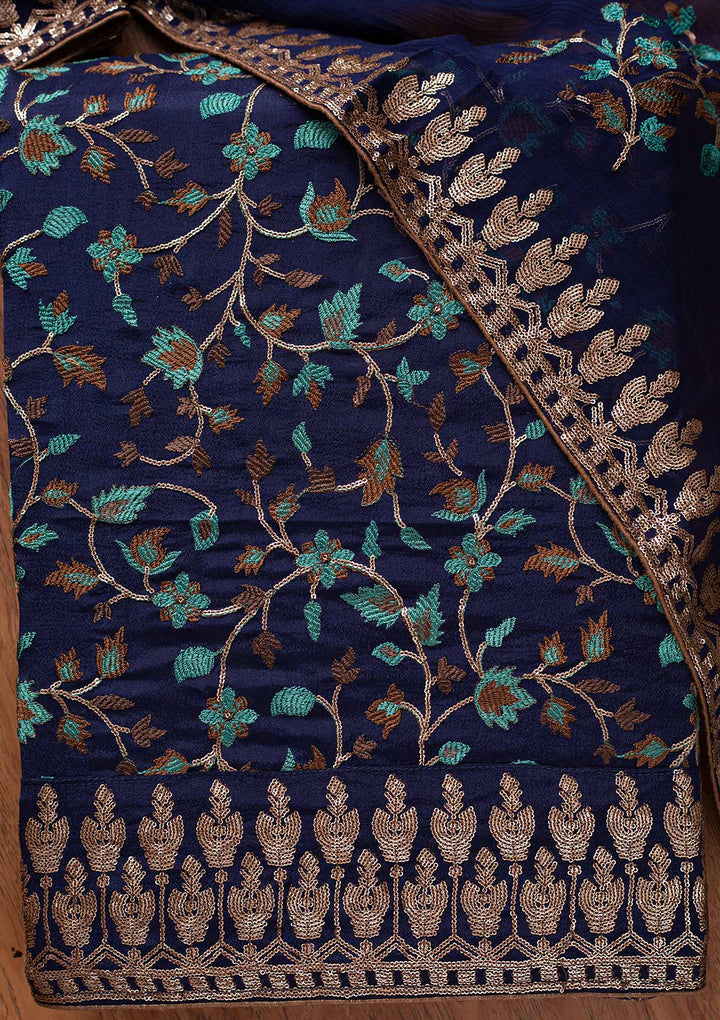 Navy Blue Sequins Semi Crepe Designer Unstitched Salwar Suit - koskii