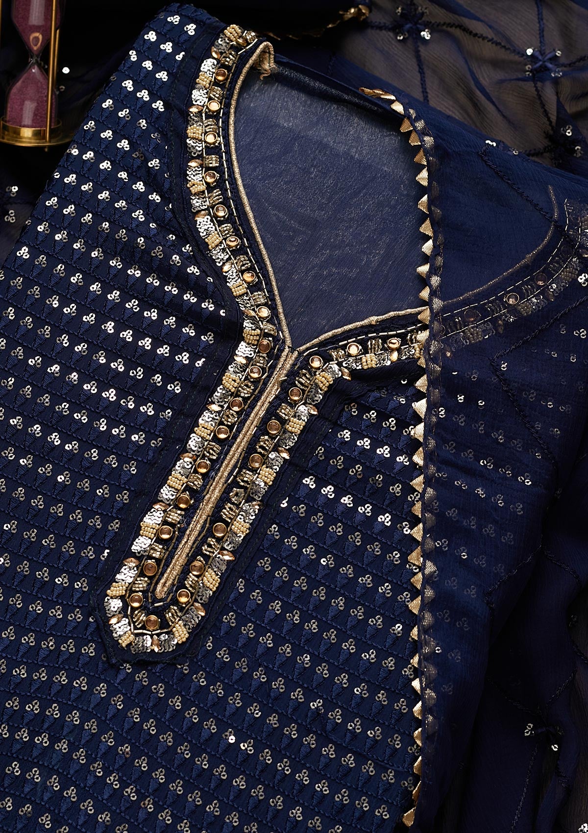 Navy Blue Sequins Semi Crepe Unstitched Salwar Suit-Koskii