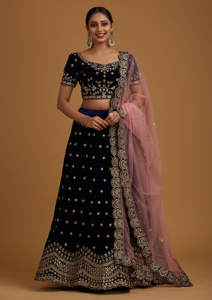 Navy Blue Sequins Velvet Designer Semi-Stitched Lehenga - koskii