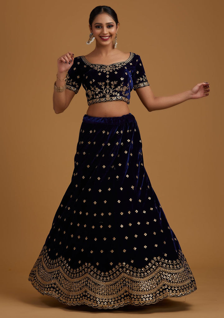 Navy Blue Sequins Velvet Designer Semi-Stitched Lehenga - koskii