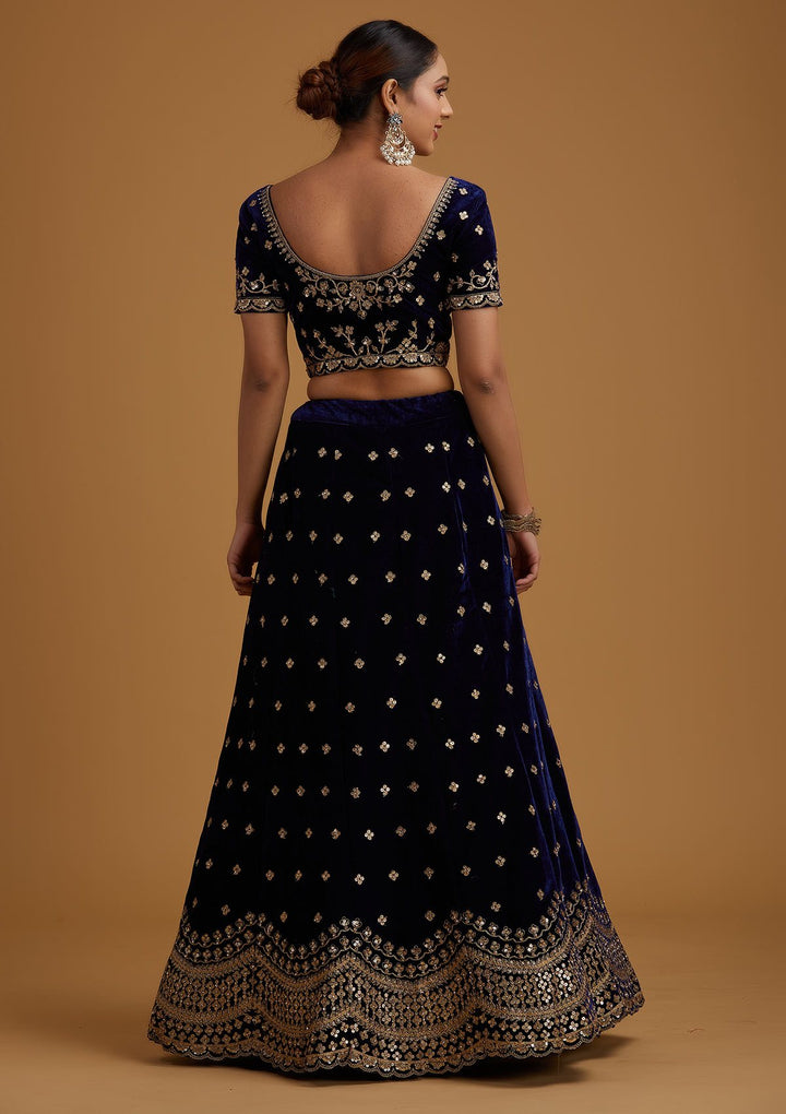 Navy Blue Sequins Velvet Designer Semi-Stitched Lehenga - koskii