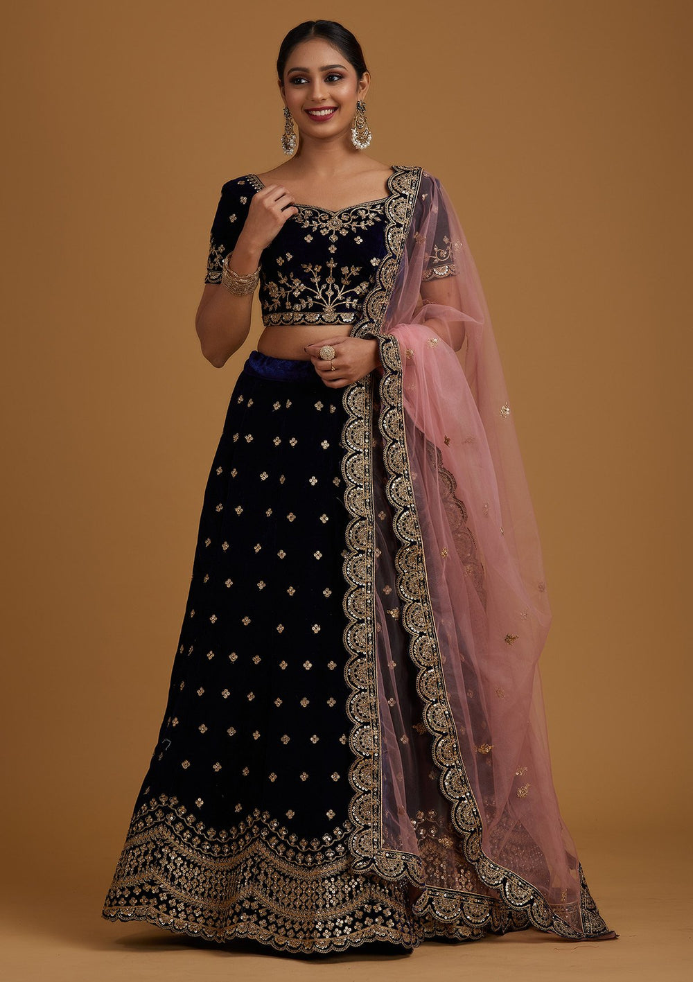 Navy Blue Sequins Velvet Designer Semi-Stitched Lehenga - koskii