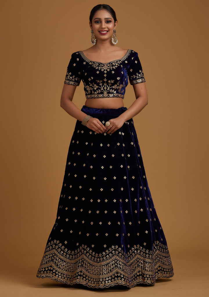 Navy Blue Sequins Velvet Designer Semi-Stitched Lehenga - koskii