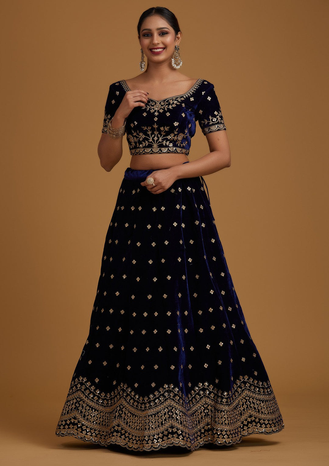 Navy Blue Sequins Velvet Designer Semi-Stitched Lehenga - koskii