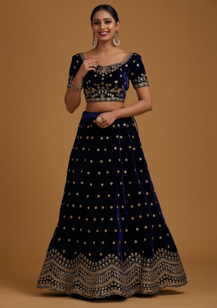 Navy Blue Sequins Velvet Designer Semi-Stitched Lehenga - koskii