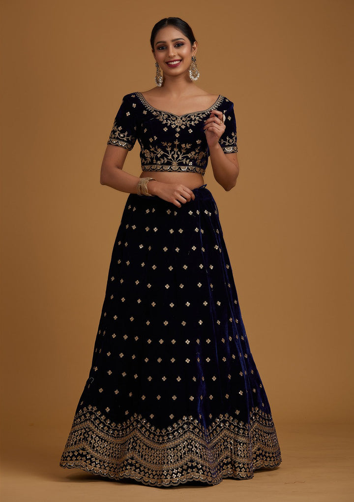 Navy Blue Sequins Velvet Designer Semi-Stitched Lehenga - koskii