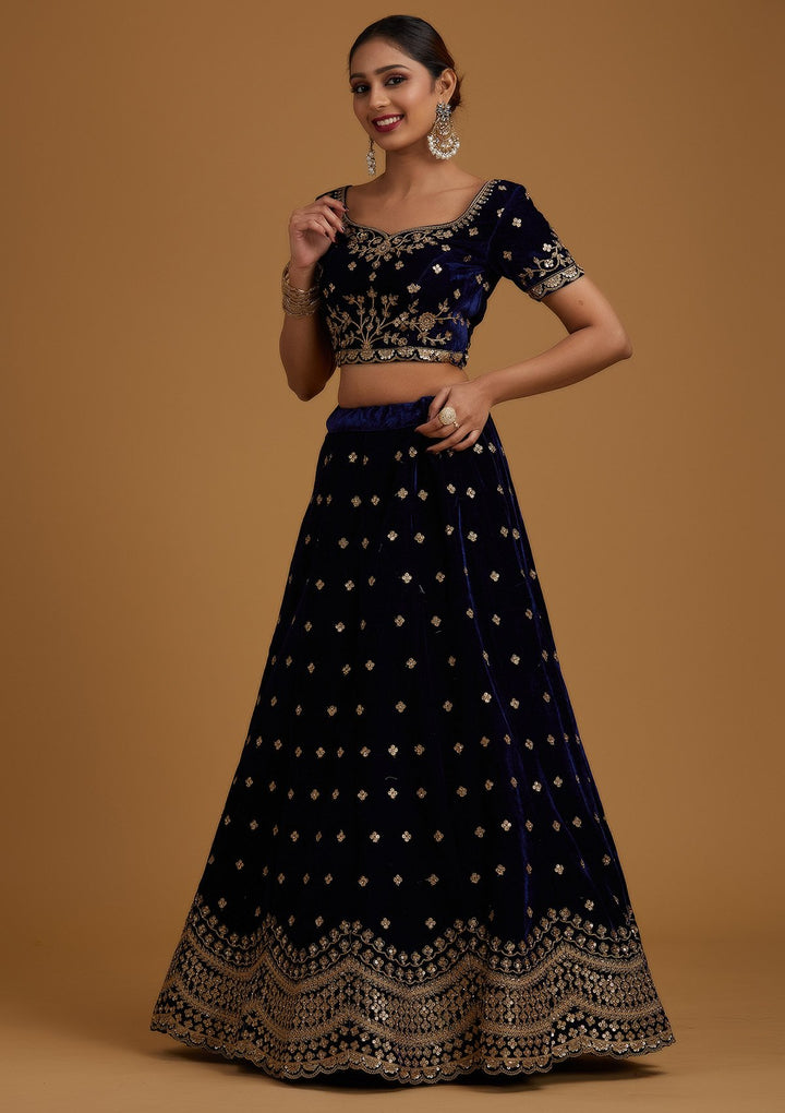 Navy Blue Sequins Velvet Designer Semi-Stitched Lehenga - koskii