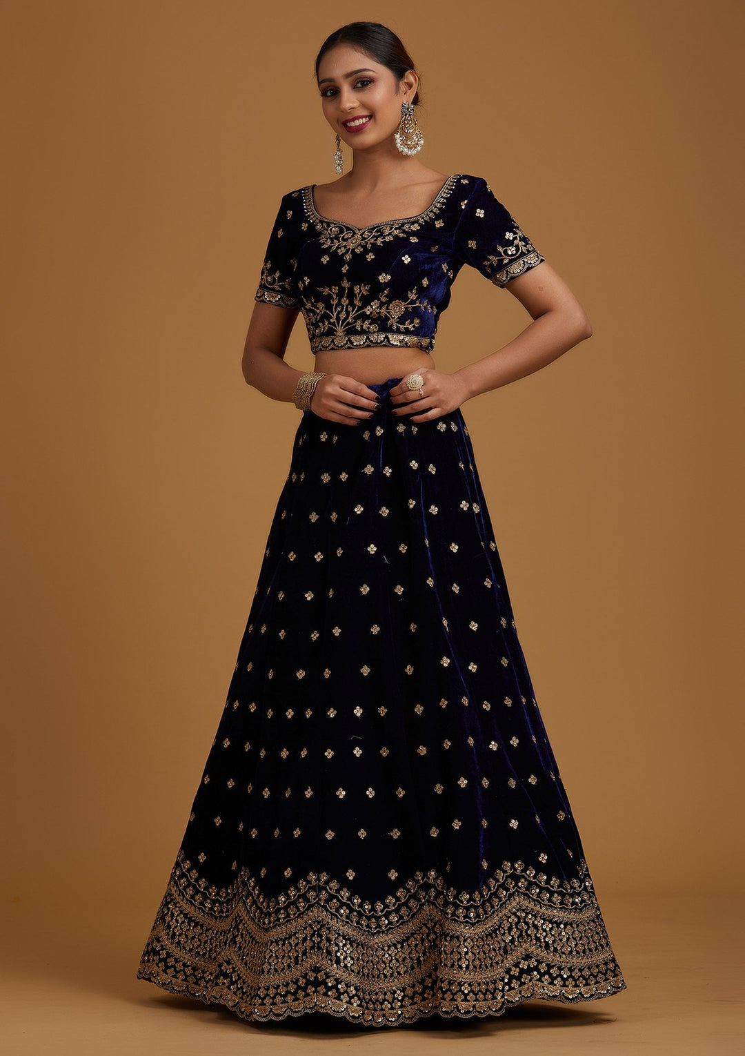 Navy Blue Sequins Velvet Designer Semi-Stitched Lehenga - koskii