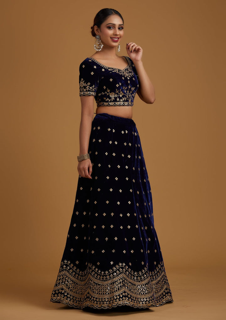 Navy Blue Sequins Velvet Designer Semi-Stitched Lehenga - koskii