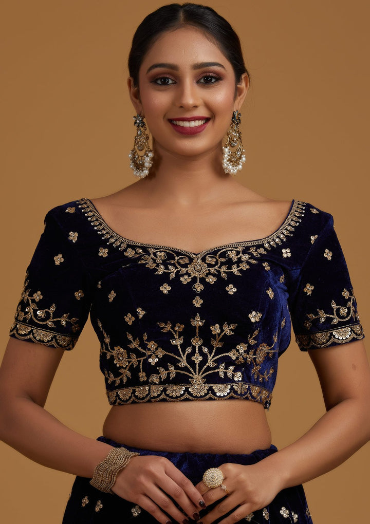 Navy Blue Sequins Velvet Designer Semi-Stitched Lehenga - koskii