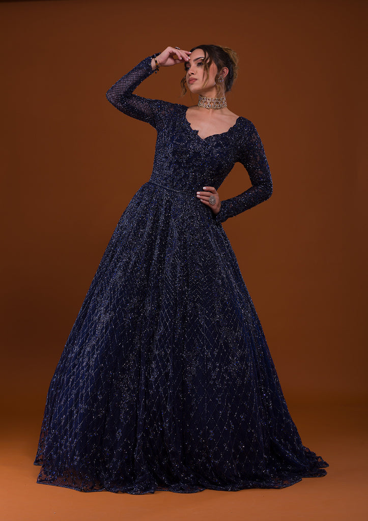 Navy Blue Designer Embroidered Tissue Net Gown – Sulbha Fashions