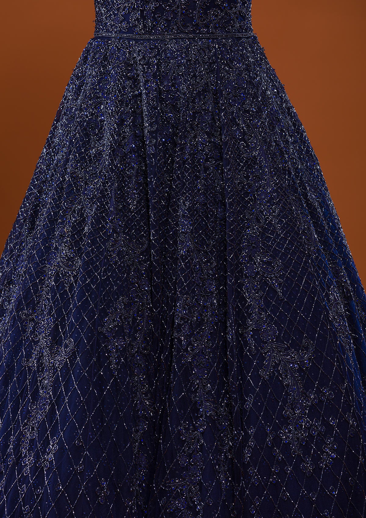 Navy Blue Silver Stonework Net Designer Gown-Koskii