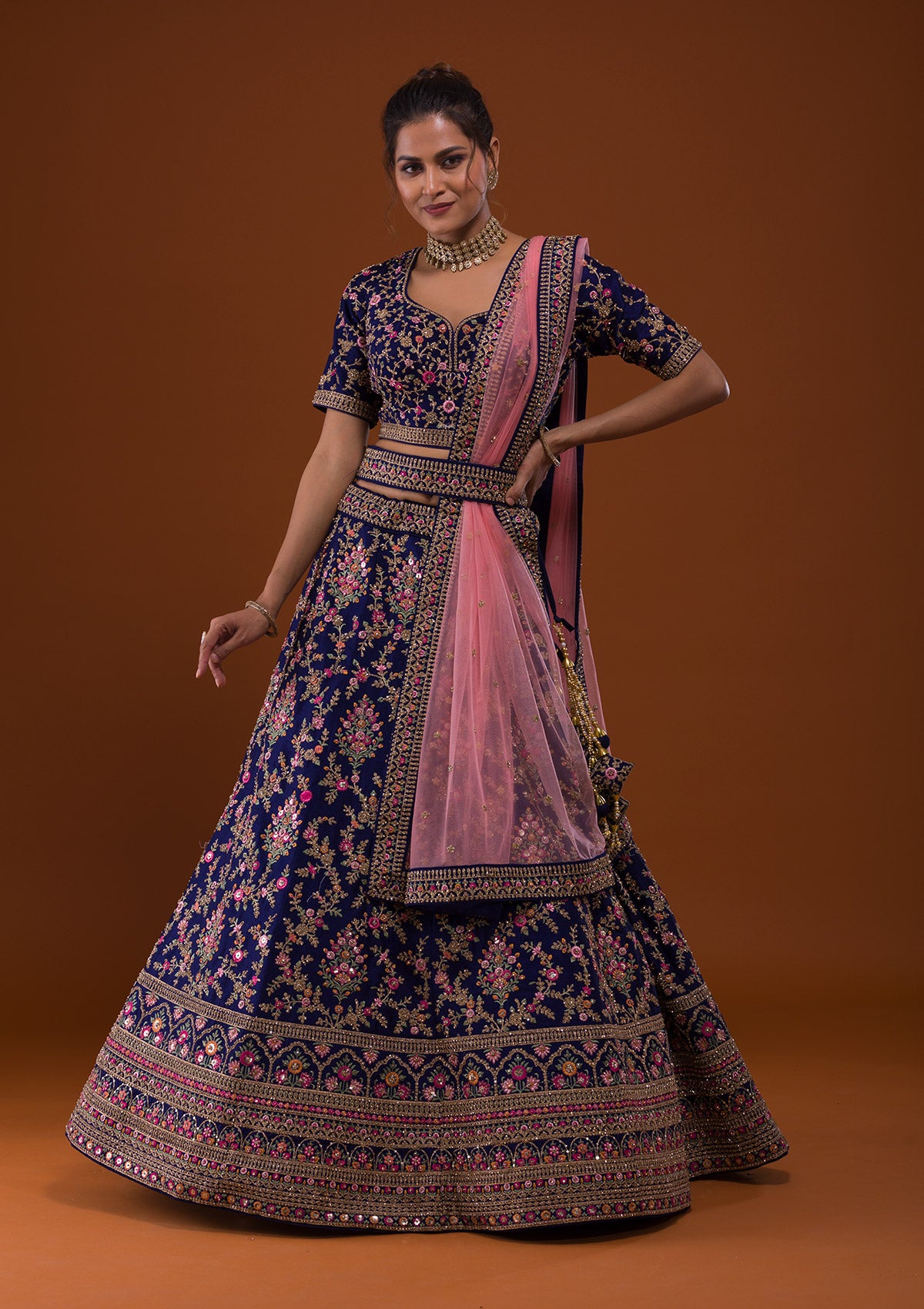 Buy Navy Blue And Peach Multi Embroidered Designer Lehenga Choli In Uk  online