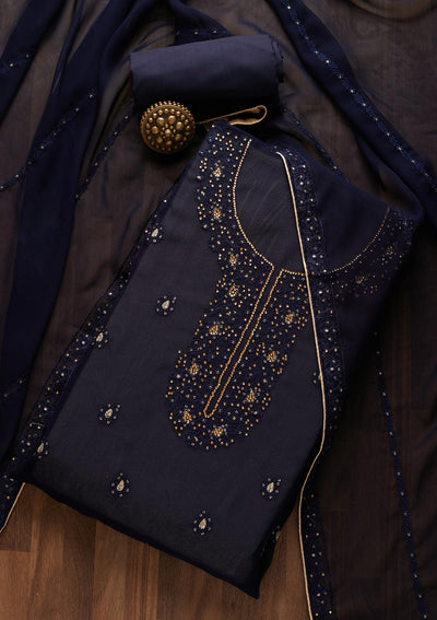 Navy Blue Stonework Georgette  Unstitched Salwar Suit- Koskii