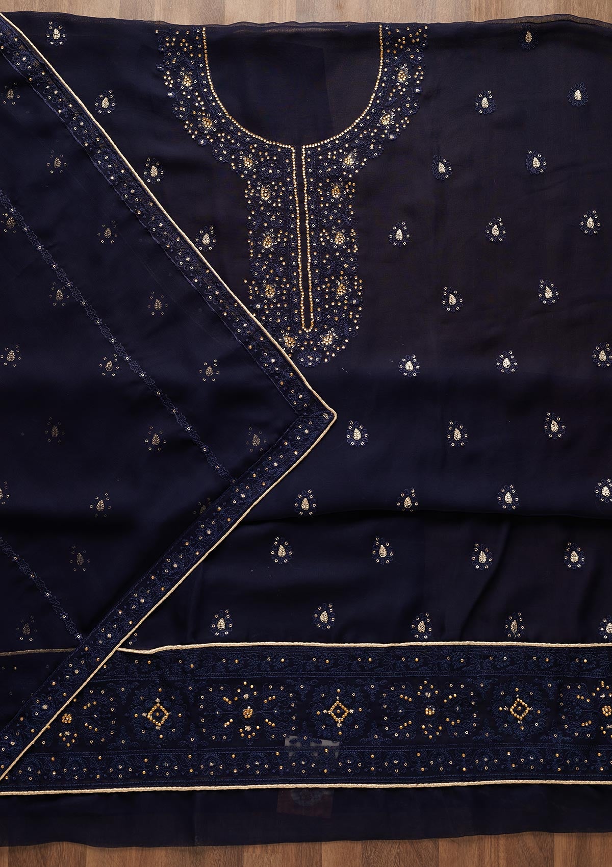Navy Blue Stonework Georgette  Unstitched Salwar Suit - Koskii