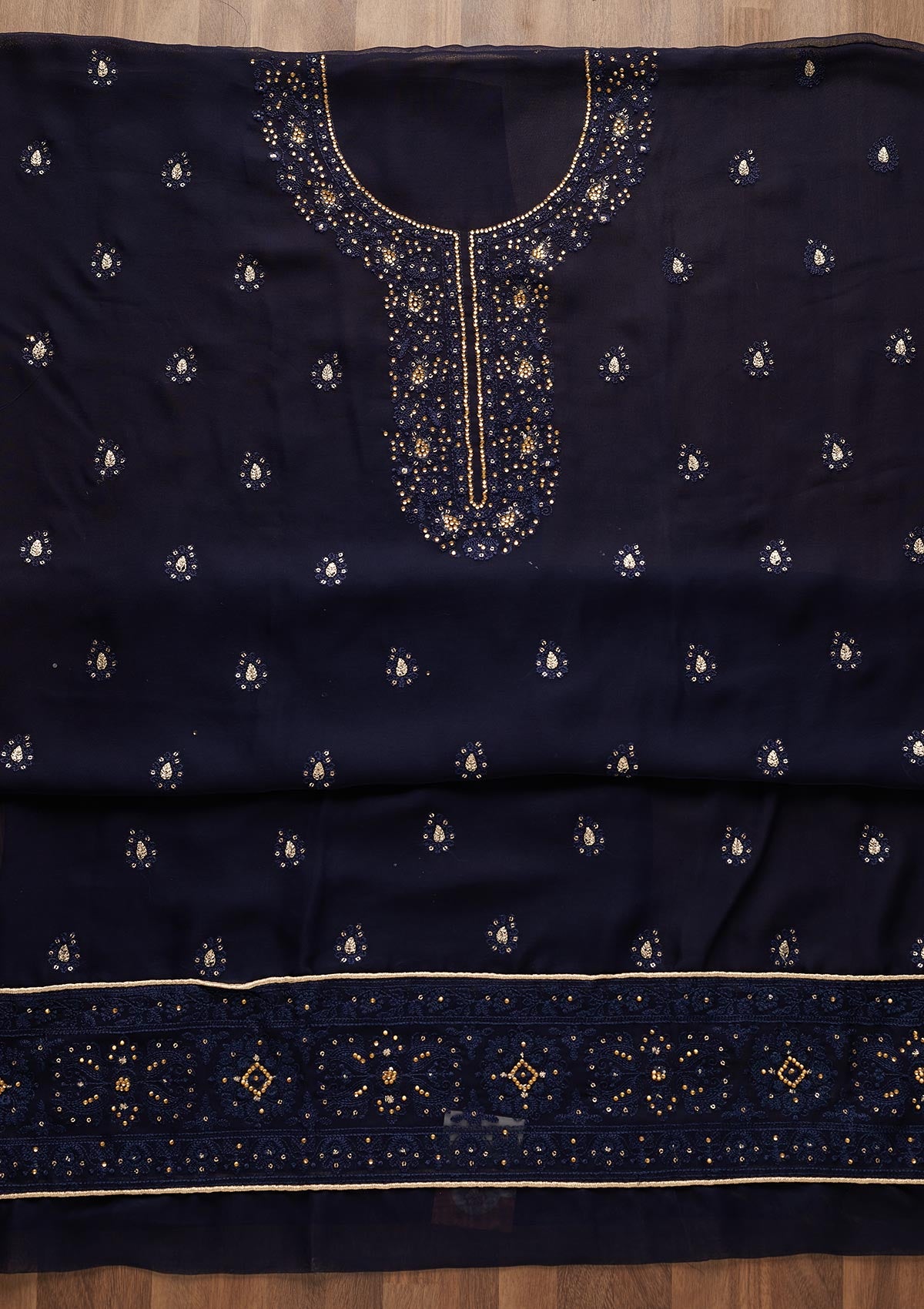 Navy Blue Stonework Georgette  Unstitched Salwar Suit - Koskii