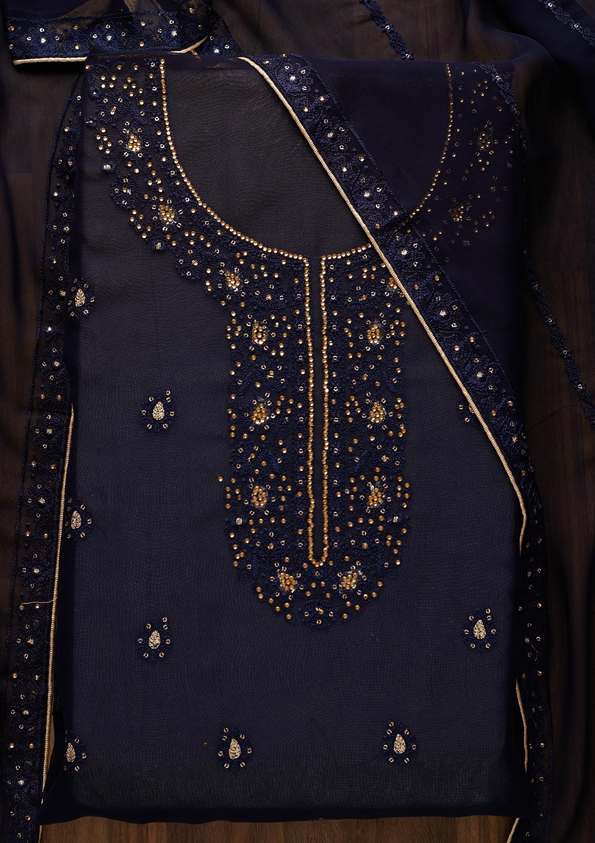 Navy Blue Stonework Georgette  Unstitched Salwar Suit - Koskii