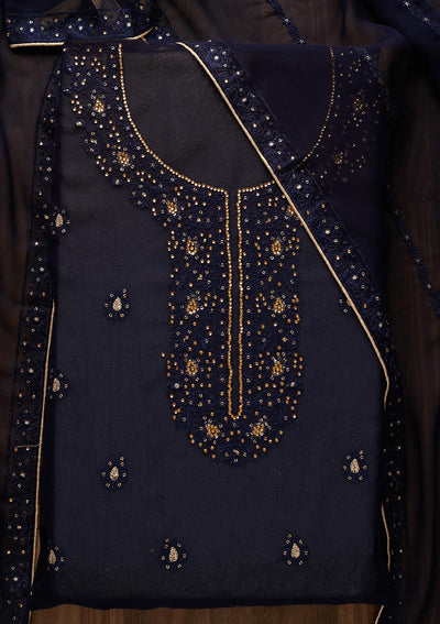 Navy Blue Stonework Georgette  Unstitched Salwar Suit - Koskii
