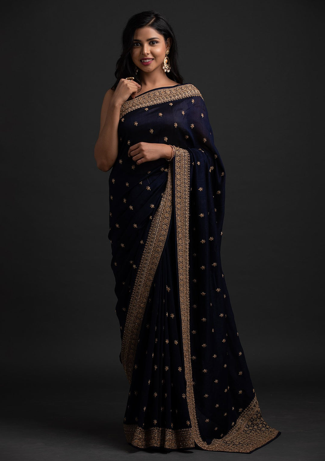 Navy Blue Stonework Raw Silk Designer Saree - koskii
