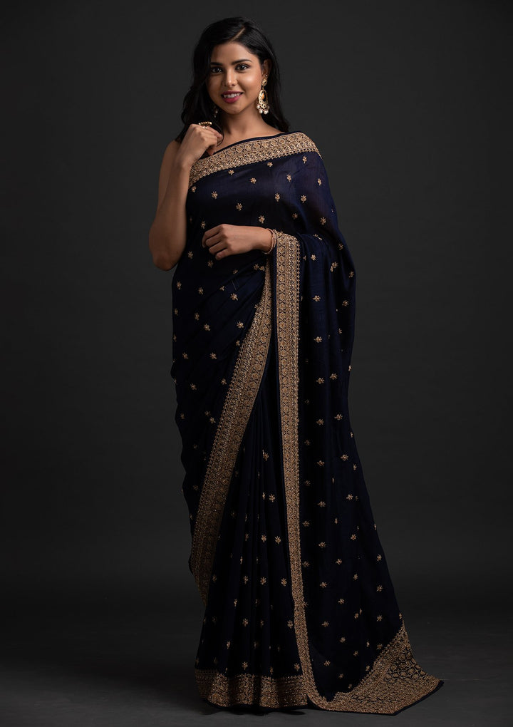 Navy Blue Stonework Raw Silk Designer Saree - koskii
