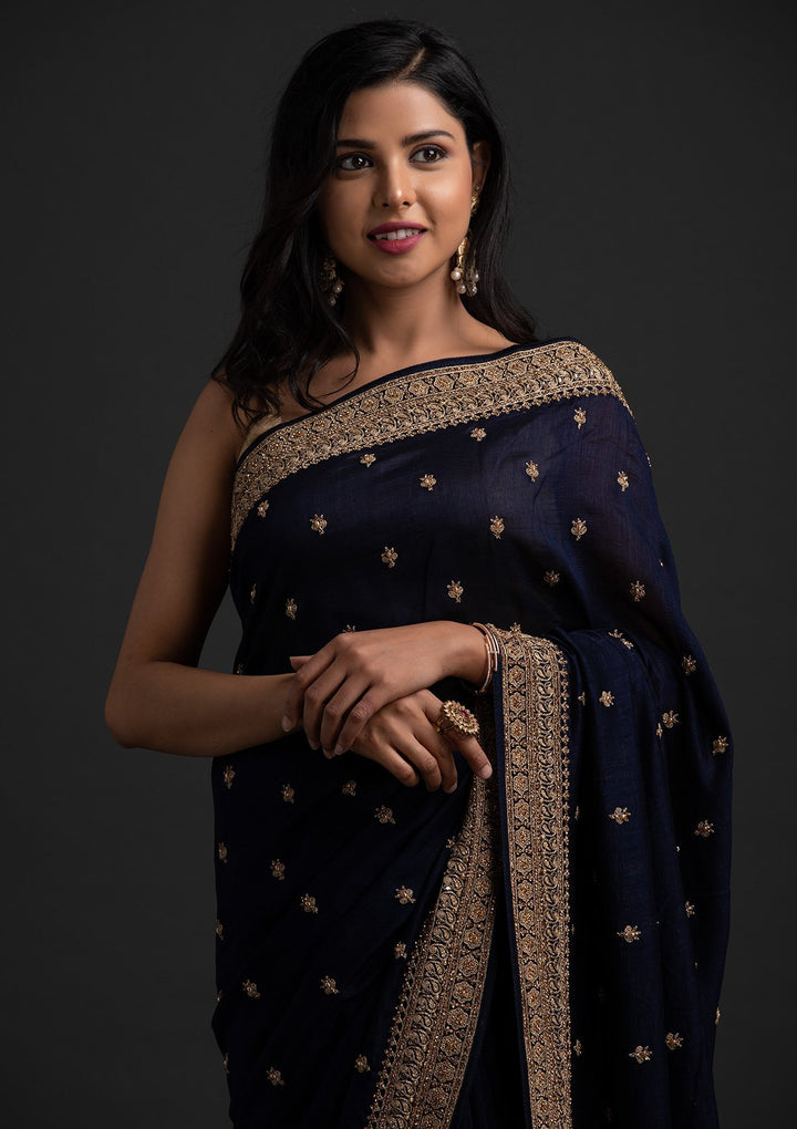 Navy Blue Stonework Raw Silk Designer Saree - koskii