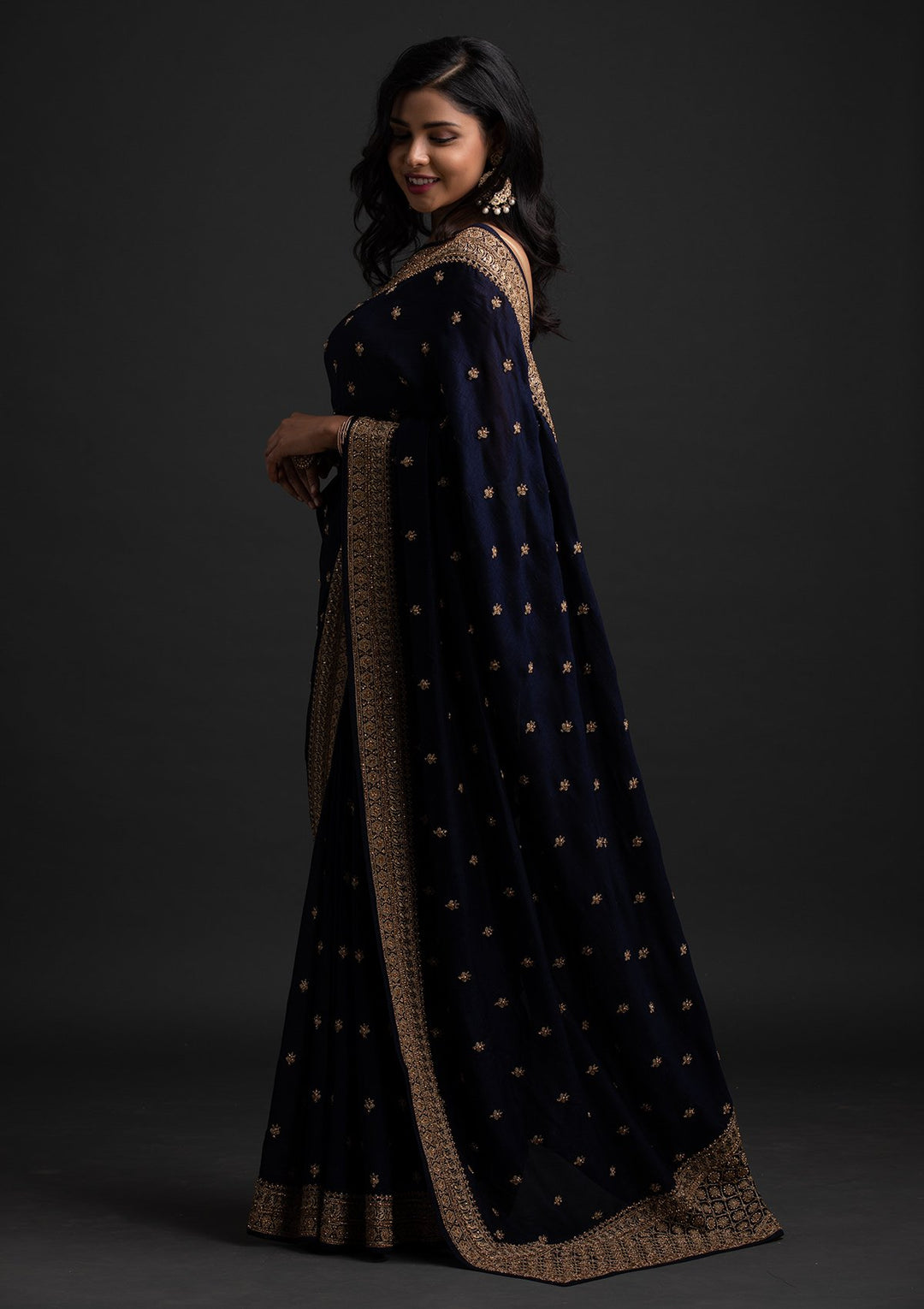 Navy Blue Stonework Raw Silk Designer Saree - koskii