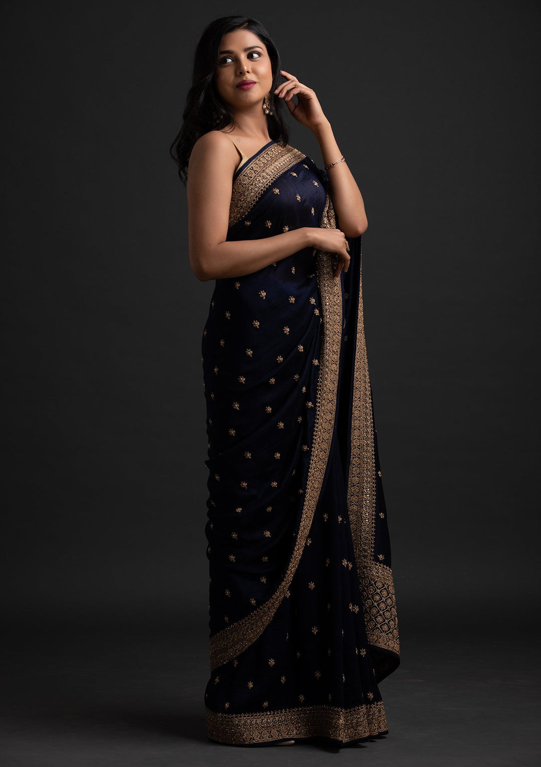 Navy Blue Stonework Raw Silk Designer Saree - koskii