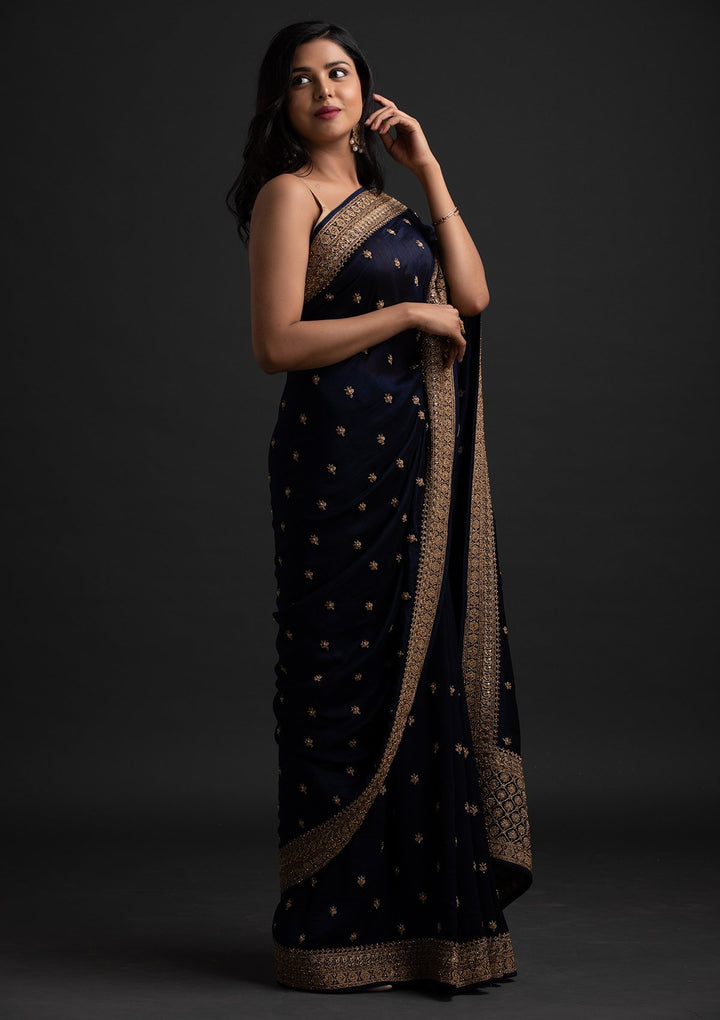 Navy Blue Stonework Raw Silk Designer Saree - koskii