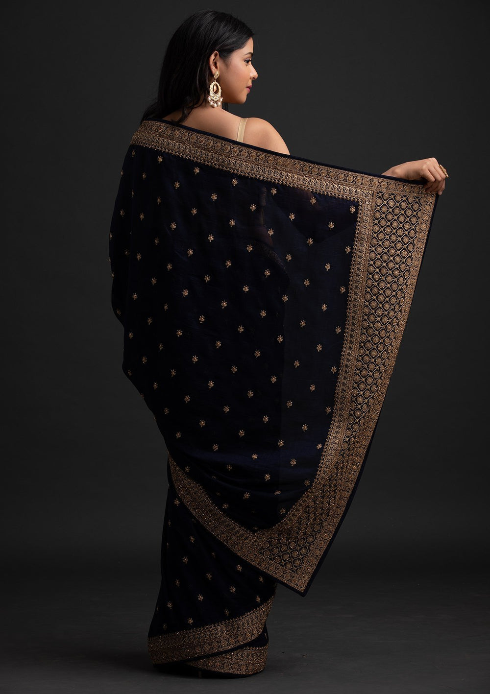 Navy Blue Stonework Raw Silk Designer Saree - koskii
