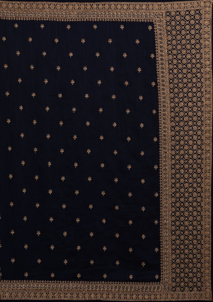 Navy Blue Stonework Raw Silk Designer Saree - koskii