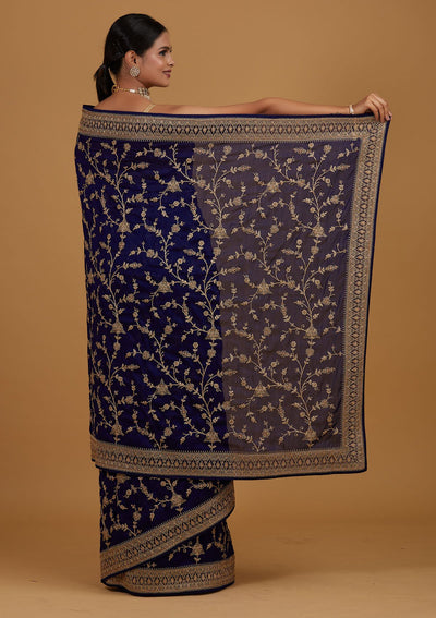 Navy Blue Stonework Raw Silk Designer Saree - Koskii