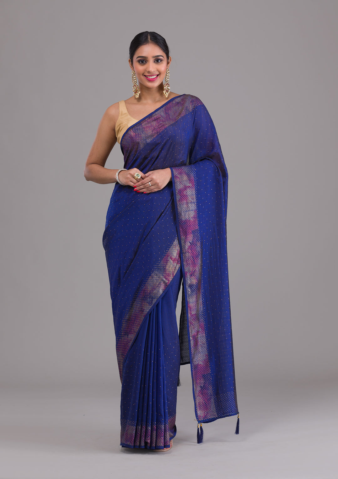 Navy Blue Stonework Raw Silk Saree-Koskii