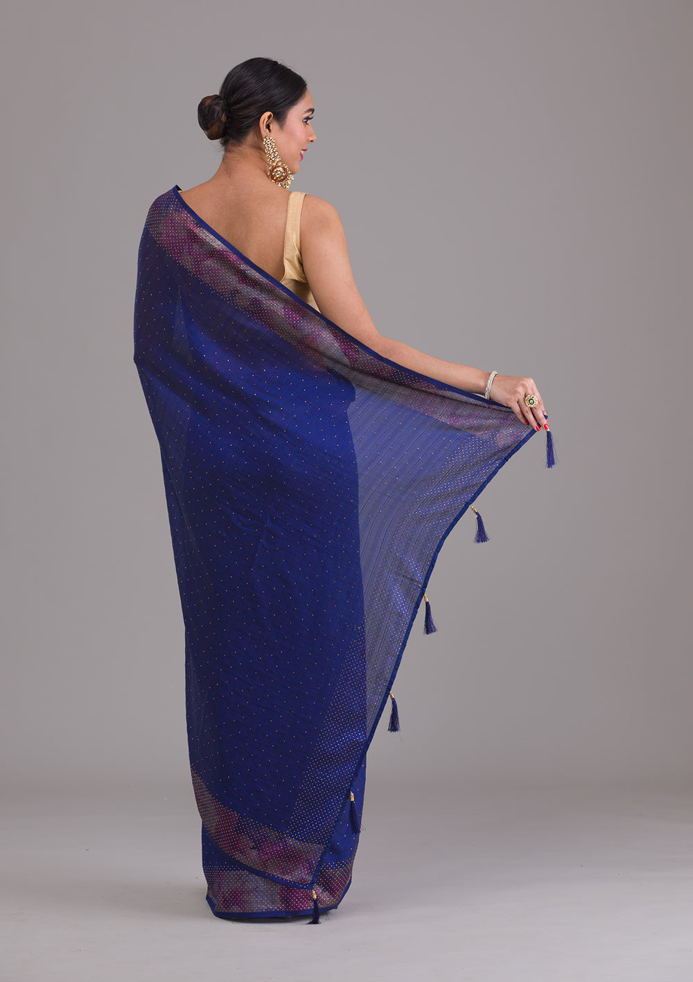 Navy Blue Stonework Raw Silk Saree-Koskii