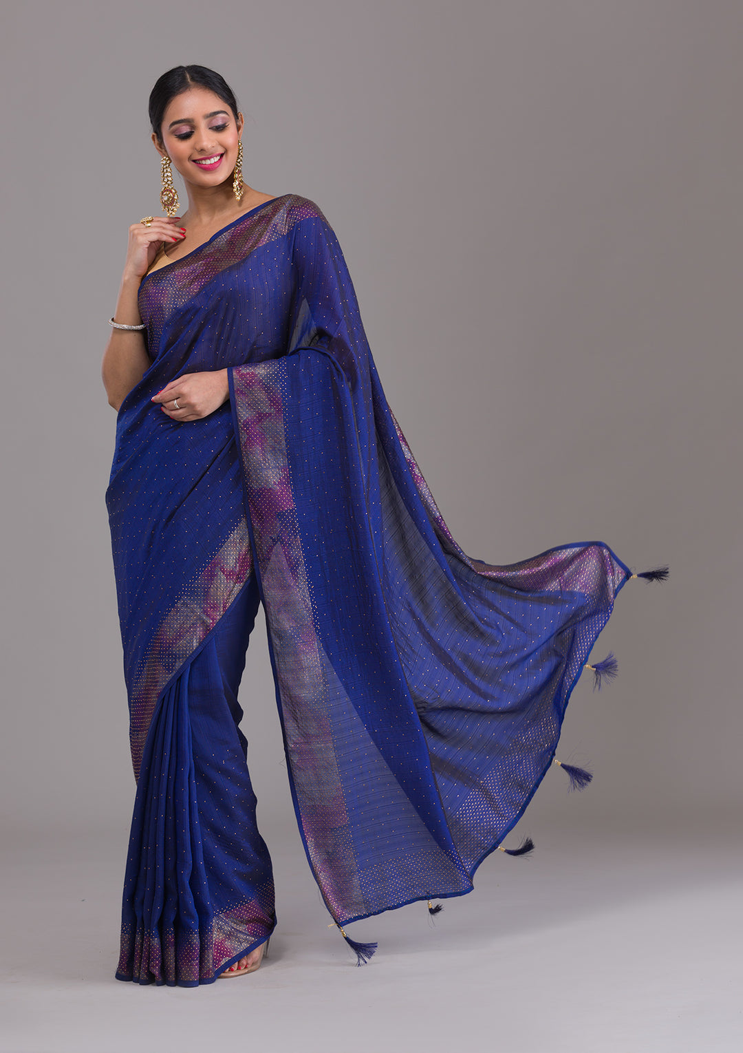 Navy Blue Stonework Raw Silk Saree-Koskii