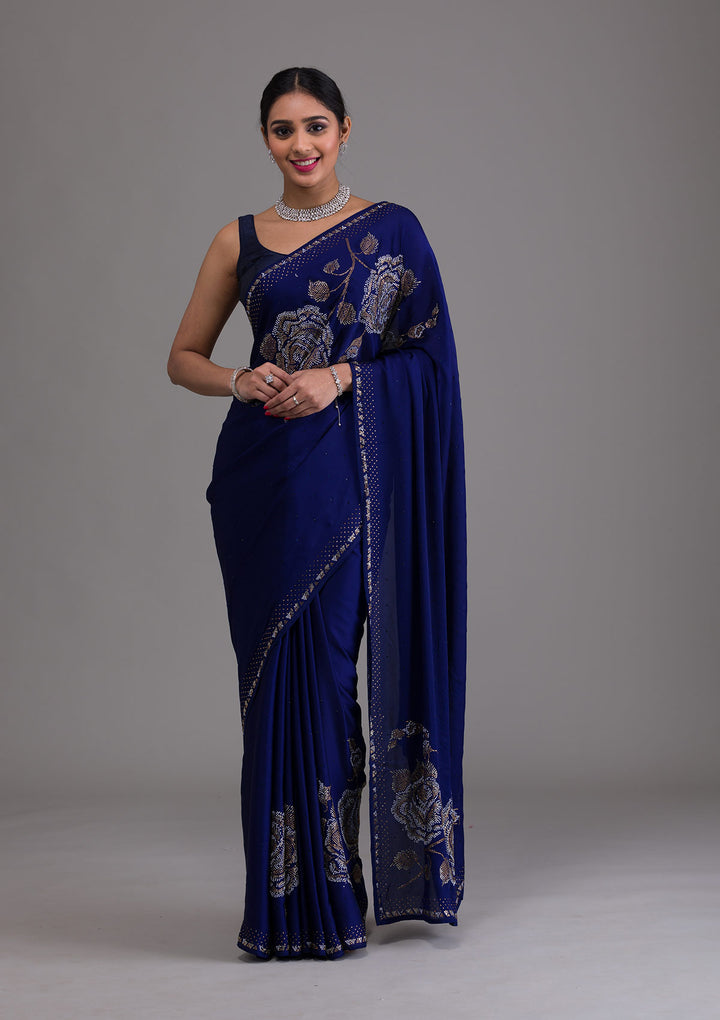 Navy Blue Stonework Satin Saree-Koskii