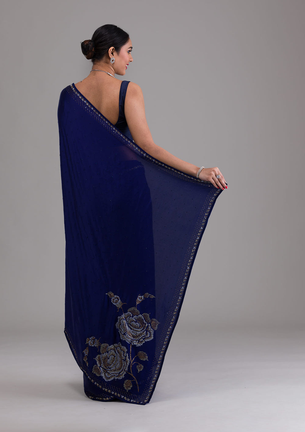 Navy Blue Stonework Satin Saree-Koskii