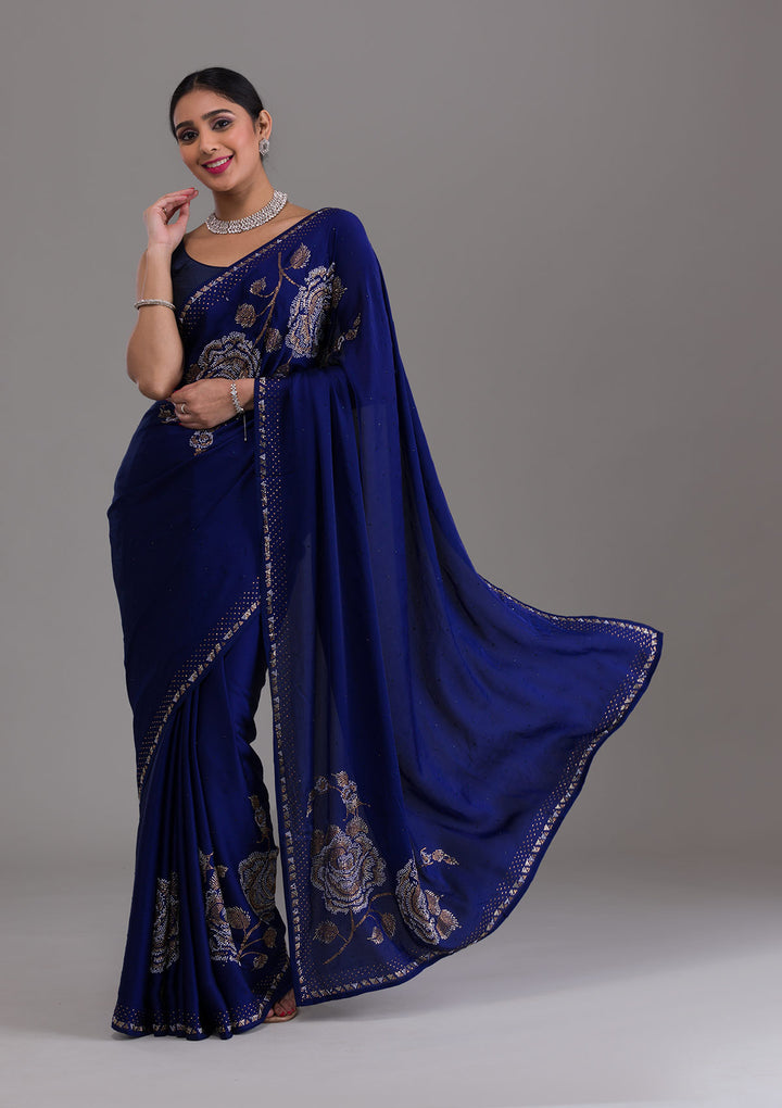Navy Blue Stonework Satin Saree-Koskii