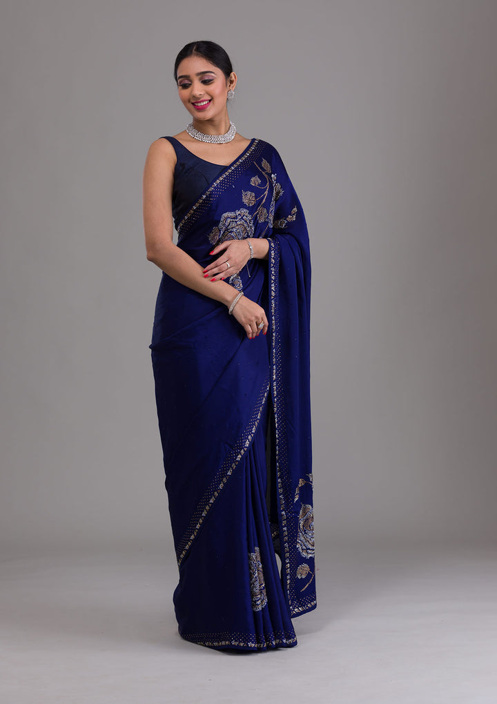 Navy Blue Stonework Satin Saree-Koskii
