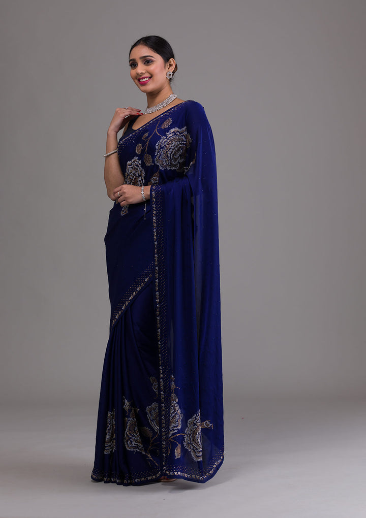 Navy Blue Stonework Satin Saree-Koskii