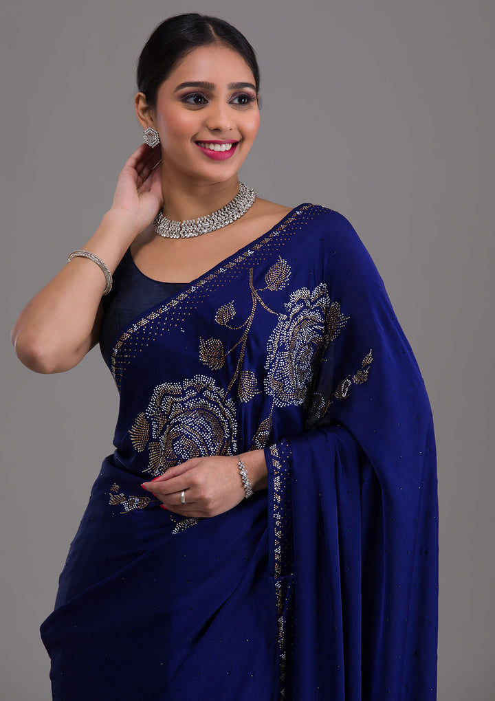 Navy Blue Stonework Satin Saree-Koskii