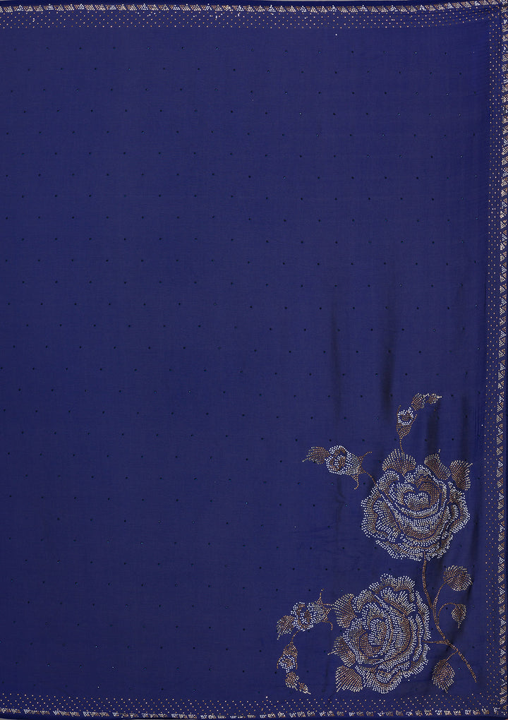 Navy Blue Stonework Satin Saree-Koskii