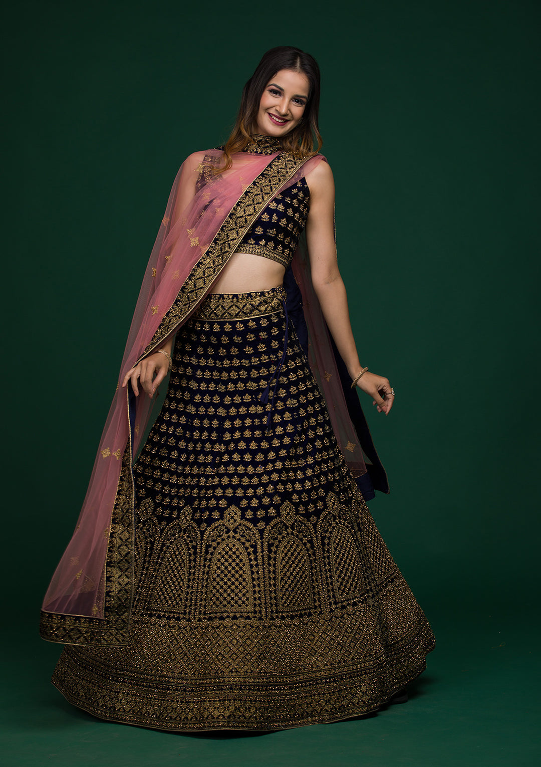 Navy Blue Stonework Velvet Lehenga-Koskii