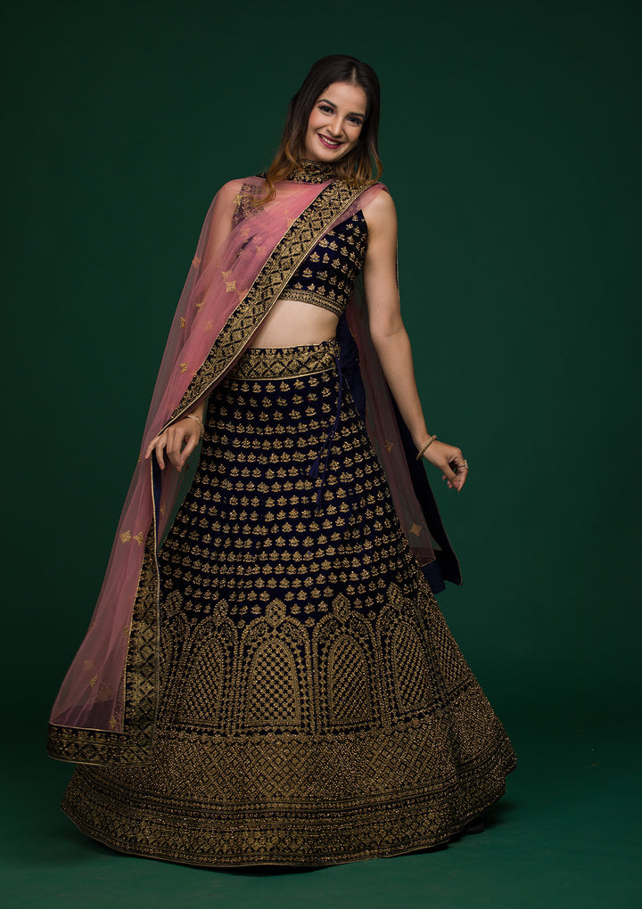Navy Blue Stonework Velvet Lehenga-Koskii