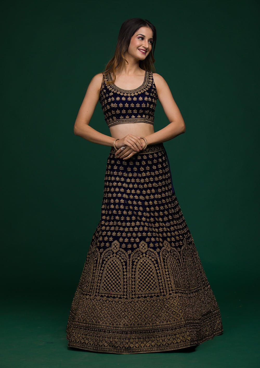 Navy Blue Stonework Velvet Lehenga-Koskii