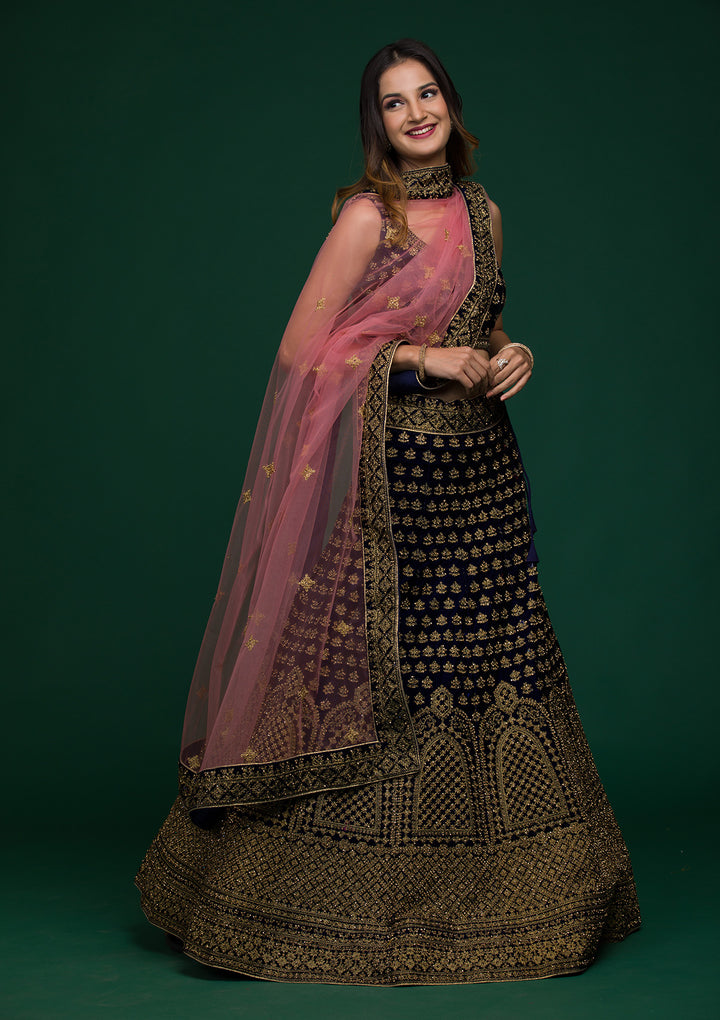Navy Blue Stonework Velvet Lehenga-Koskii