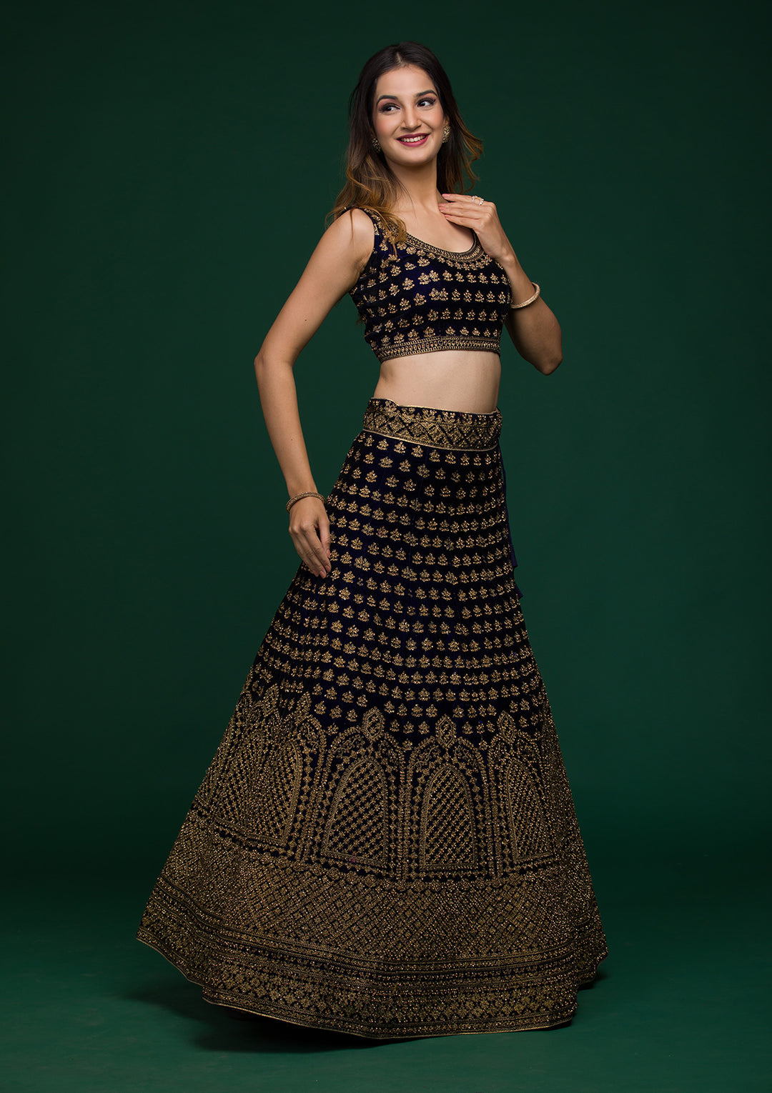 Navy Blue Stonework Velvet Lehenga-Koskii