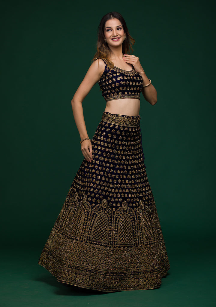Navy Blue Stonework Velvet Lehenga-Koskii