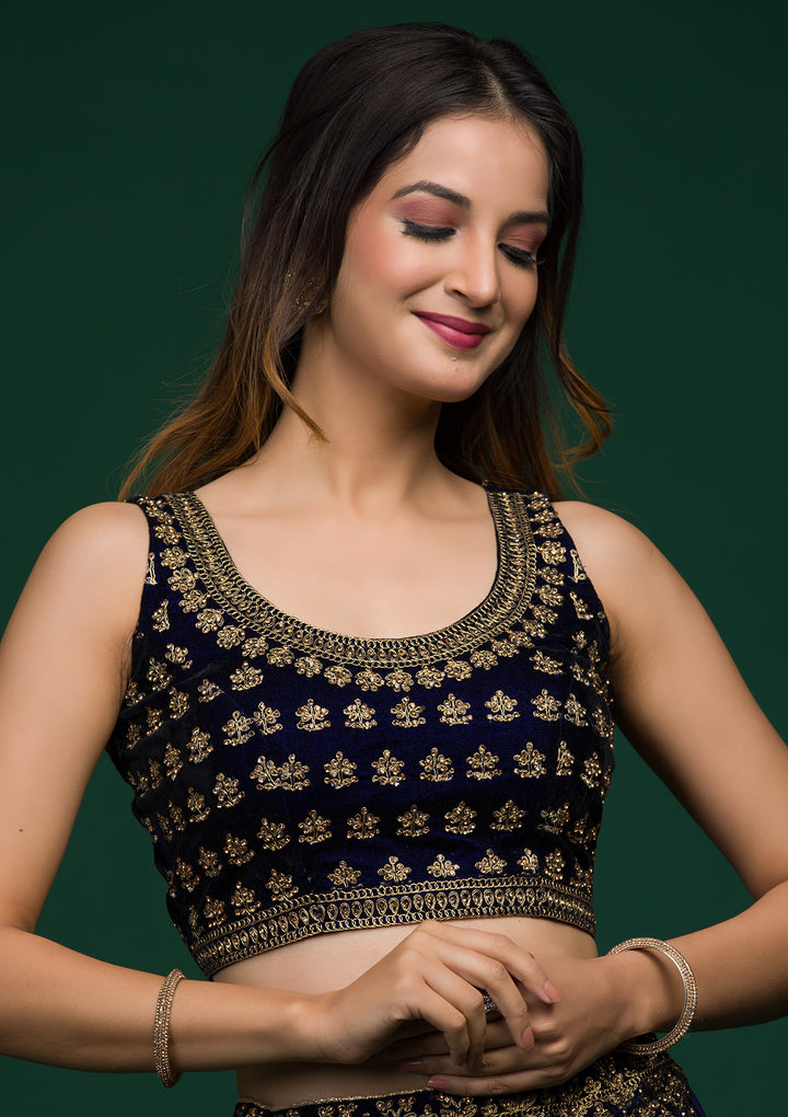 Navy Blue Stonework Velvet Lehenga-Koskii