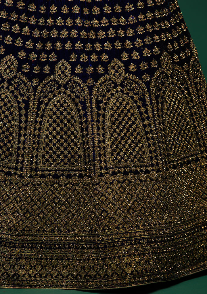 Navy Blue Stonework Velvet Lehenga-Koskii